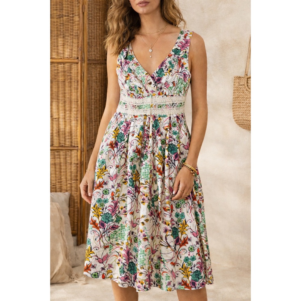 Sundance Linen‎ Floral Sundress Boho Prairie Cottagecore Lace Trim 8 Cottagecore